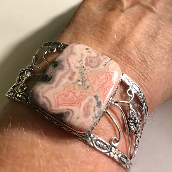 Pink Peruvian Opal 925 Sterling Silver Cuff Bracelet - Picture 1 of 3